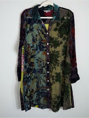 John Mark Burnout Velvet Tunic Blouse-Green Patchwork Prints-Semi Sheer-Size XL